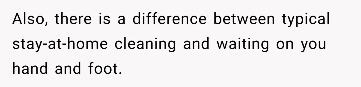 Also, there is a difference between typical stay-at-home cleaning and waiting on you hand and foot.