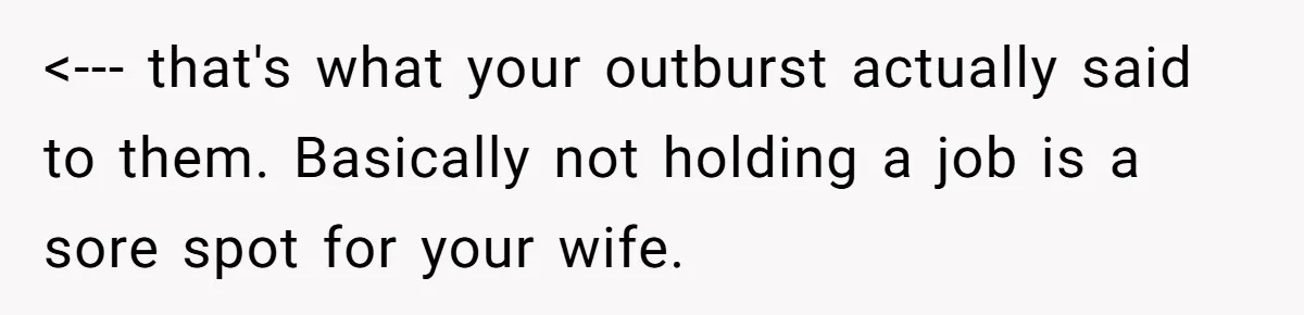 <--- that's what your outburst actually said to them. Basically not holding a job is a sore spot for your wife.