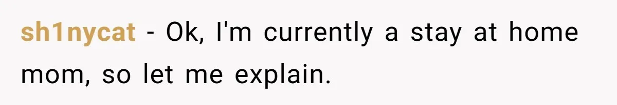 sh1nycat − Ok, I'm currently a stay at home mom, so let me explain.