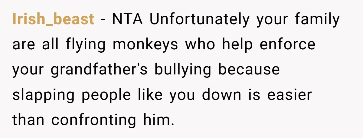 Irish_beast − NTA Unfortunately your family are all flying monkeys who help enforce your grandfather's bullying because slapping people like you down is easier than confronting him.