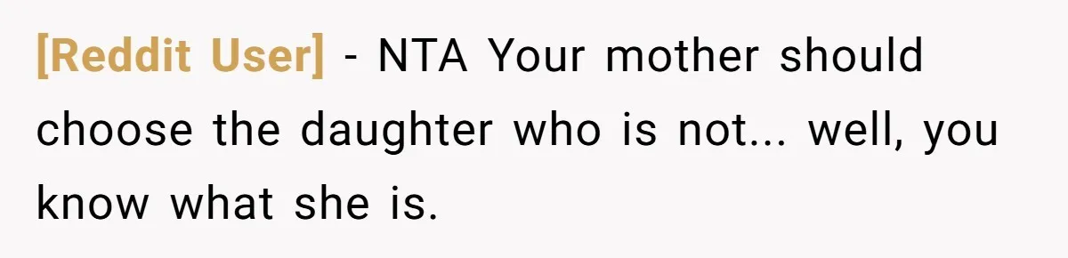 [Reddit User] − NTA Your mother should choose the daughter who is not... well, you know what she is.