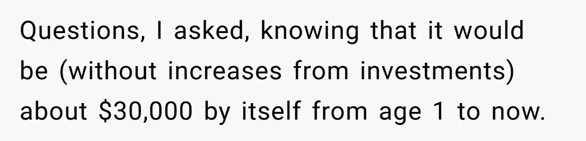 Questions, I asked, knowing that it would be (without increases from investments) about $30,000 by itself from age 1 to now.