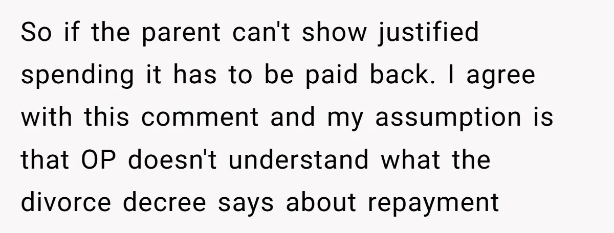 So if the parent can't show justified spending it has to be paid back. I agree with this comment and my assumption is that OP doesn't understand what the divorce...
