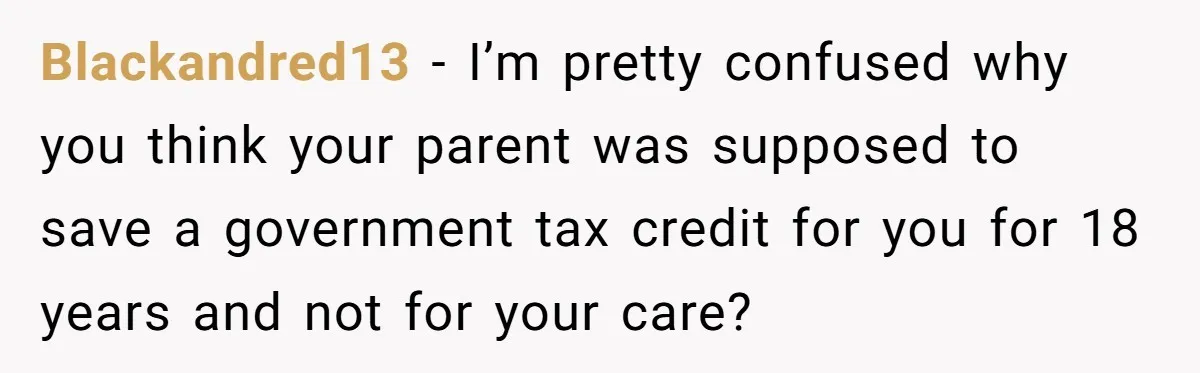 Blackandred13 − I’m pretty confused why you think your parent was supposed to save a government tax credit for you for 18 years and not for your care?