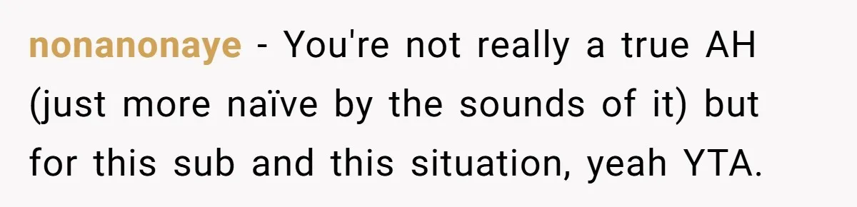 nonanonaye − You're not really a true AH (just more naïve by the sounds of it) but for this sub and this situation, yeah YTA.