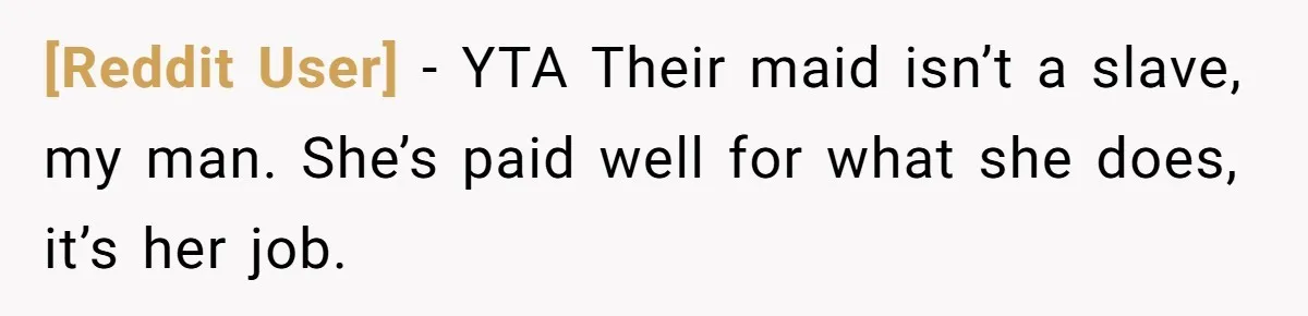 [Reddit User] − YTA Their maid isn’t a slave, my man. She’s paid well for what she does, it’s her job.