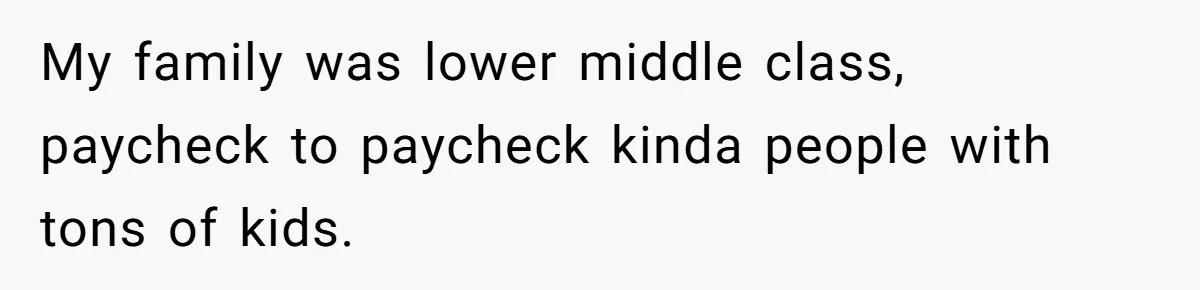 My family was lower middle class, paycheck to paycheck kinda people with tons of kids.