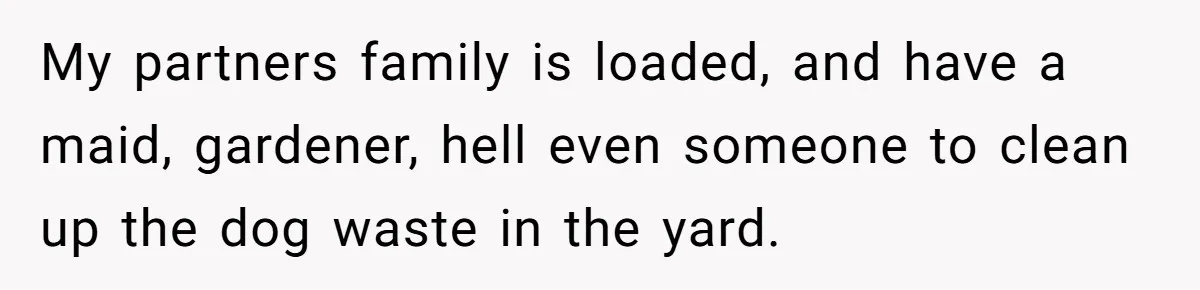 My partners family is loaded, and have a maid, gardener, hell even someone to clean up the dog waste in the yard.