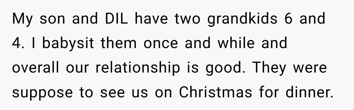 My son and DIL have two grandkids 6 and 4. I babysit them once and while and overall our relationship is good. They were suppose to see us on Christmas...