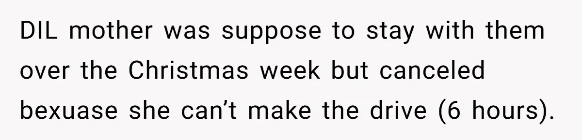 DIL mother was suppose to stay with them over the Christmas week but canceled bexuase she can’t make the drive (6 hours).