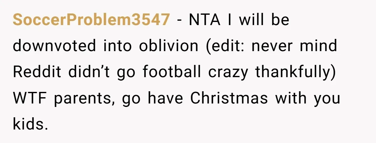 SoccerProblem3547 − NTA I will be downvoted into oblivion (edit: never mind Reddit didn’t go football crazy thankfully) WTF parents, go have Christmas with you kids.