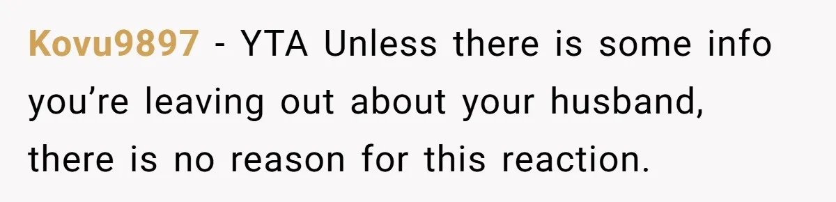 Kovu9897 − YTA Unless there is some info you’re leaving out about your husband, there is no reason for this reaction.