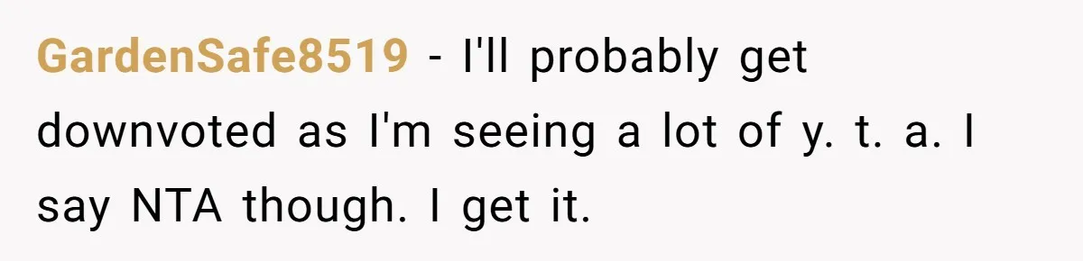 GardenSafe8519 − I'll probably get downvoted as I'm seeing a lot of y. t. a. I say NTA though. I get it.