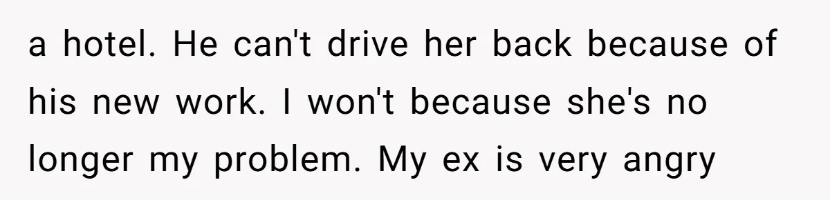 a hotel. He can't drive her back because of his new work. I won't because she's no longer my problem. My ex is very angry