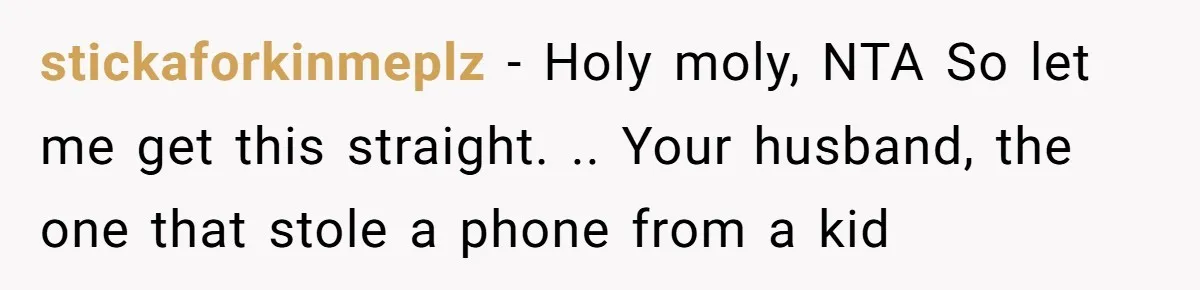 stickaforkinmeplz − Holy moly, NTA So let me get this straight. .. Your husband, the one that stole a phone from a kid