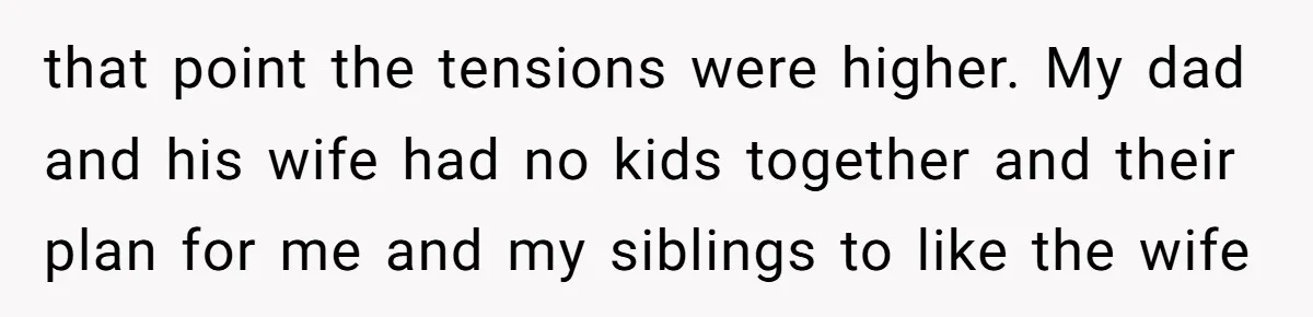 that point the tensions were higher. My dad and his wife had no kids together and their plan for me and my siblings to like the wife