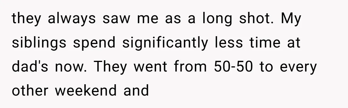 they always saw me as a long shot. My siblings spend significantly less time at dad's now. They went from 50-50 to every other weekend and