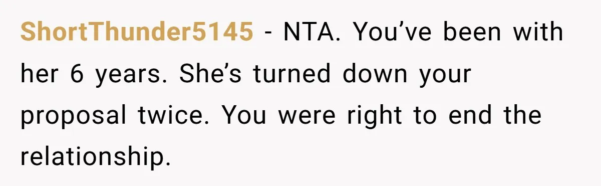 ShortThunder5145 − NTA. You’ve been with her 6 years. She’s turned down your proposal twice. You were right to end the relationship.