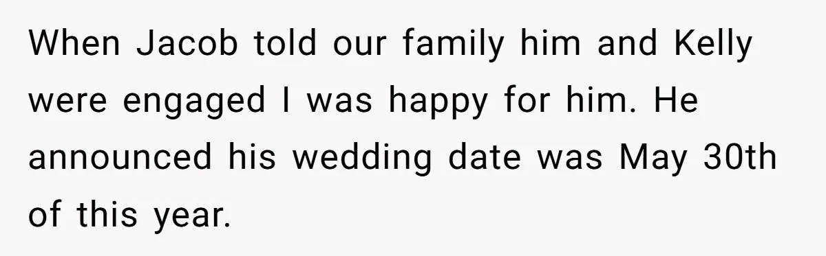 When Jacob told our family him and Kelly were engaged I was happy for him. He announced his wedding date was May 30th of this year.