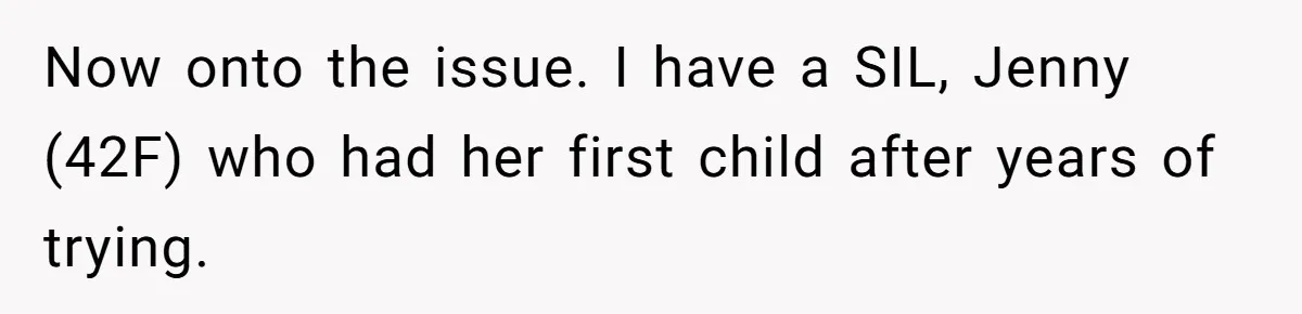 Now onto the issue. I have a SIL, Jenny (42F) who had her first child after years of trying.