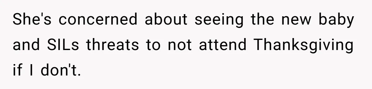 She's concerned about seeing the new baby and SILs threats to not attend Thanksgiving if I don't.