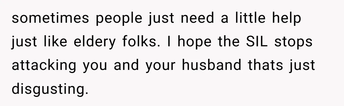 sometimes people just need a little help just like eldery folks. I hope the SIL stops attacking you and your husband thats just disgusting.