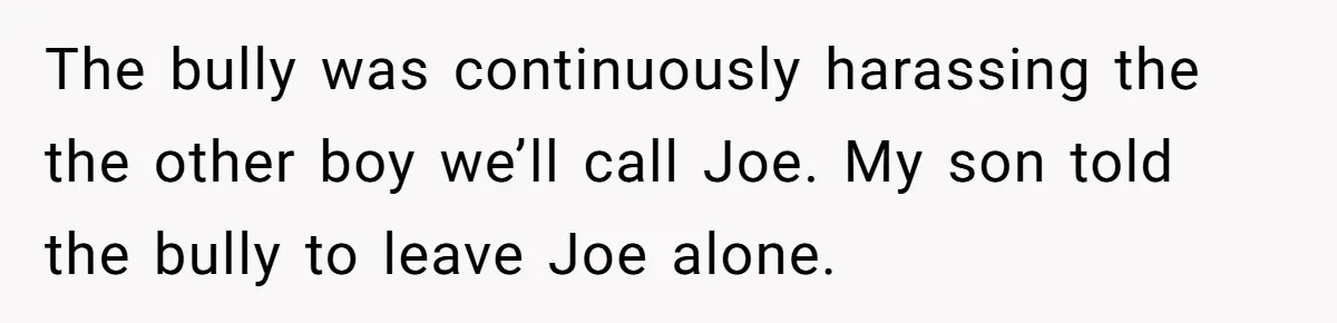 The bully was continuously harassing the the other boy we’ll call Joe. My son told the bully to leave Joe alone.