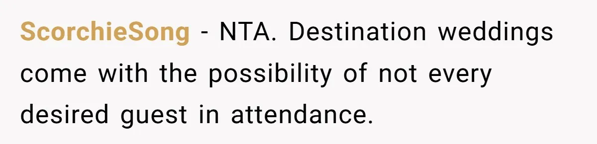 ScorchieSong − NTA. Destination weddings come with the possibility of not every desired guest in attendance.