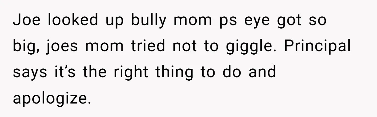 Joe looked up bully mom ps eye got so big, joes mom tried not to giggle. Principal says it’s the right thing to do and apologize.