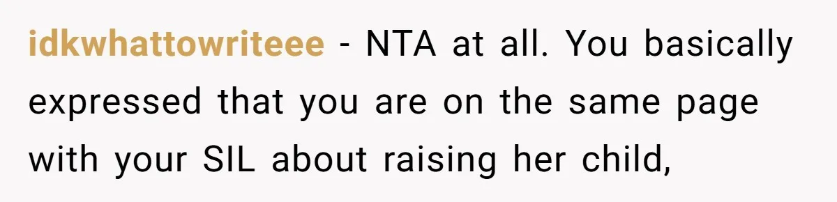 idkwhattowriteee − NTA at all. You basically expressed that you are on the same page with your SIL about raising her child,