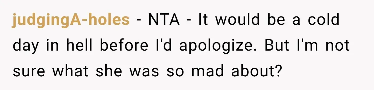 judgingA-holes − NTA - It would be a cold day in hell before I'd apologize. But I'm not sure what she was so mad about?