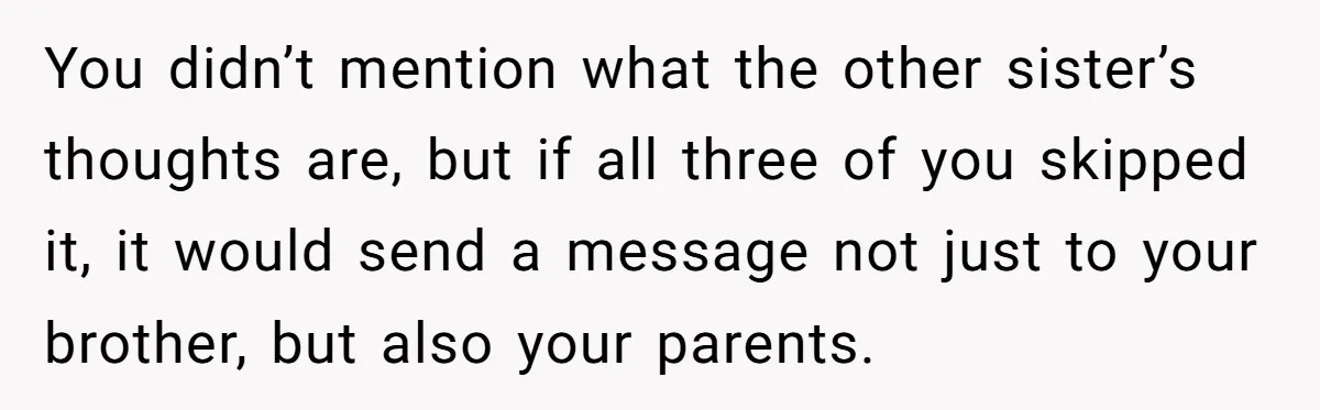 You didn’t mention what the other sister’s thoughts are, but if all three of you skipped it, it would send a message not just to your brother, but also your...