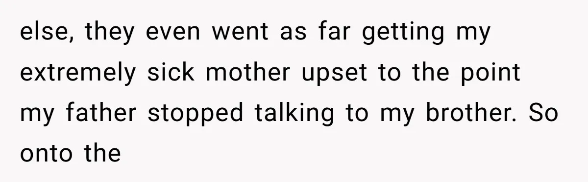 else, they even went as far getting my extremely sick mother upset to the point my father stopped talking to my brother. So onto the