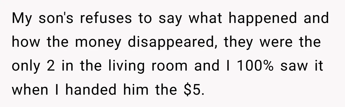 My son's refuses to say what happened and how the money disappeared, they were the only 2 in the living room and I 100% saw it when I handed him...
