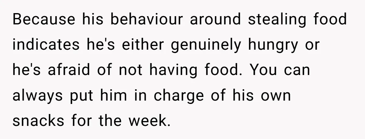 Because his behaviour around stealing food indicates he's either genuinely hungry or he's afraid of not having food. You can always put him in charge of his own snacks for...
