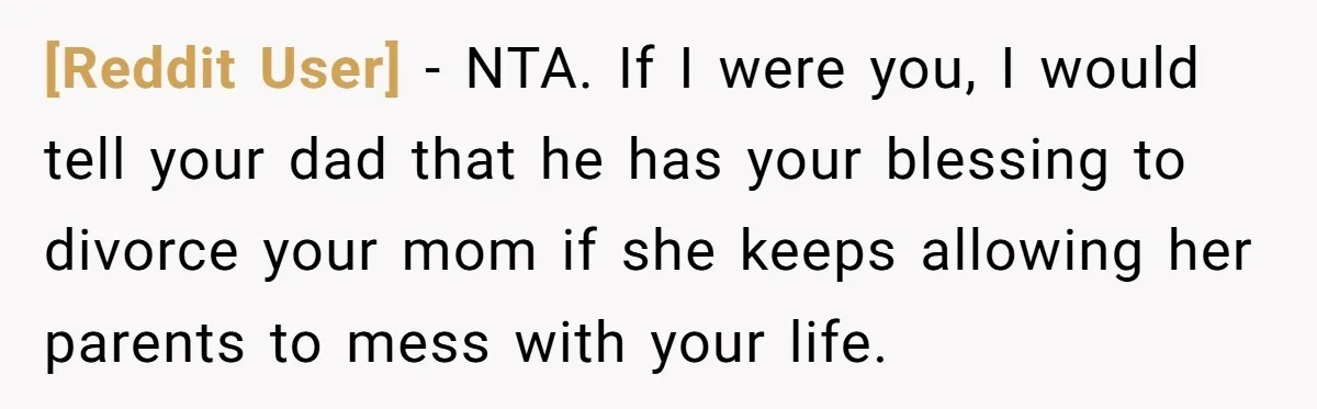 [Reddit User] − NTA. If I were you, I would tell your dad that he has your blessing to divorce your mom if she keeps allowing her parents to mess...