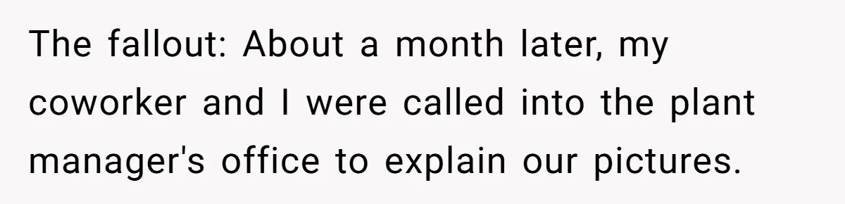 The fallout: About a month later, my coworker and I were called into the plant manager's office to explain our pictures.