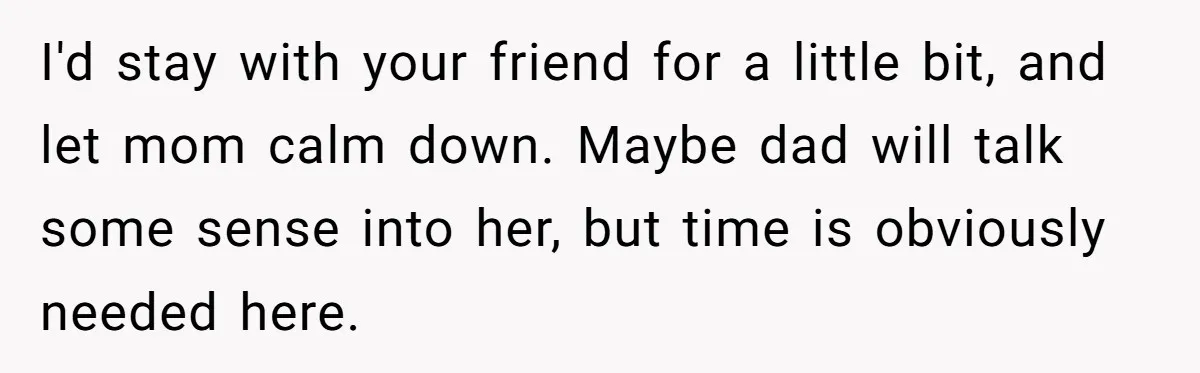 I'd stay with your friend for a little bit, and let mom calm down. Maybe dad will talk some sense into her, but time is obviously needed here.