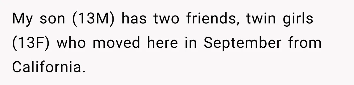 My son (13M) has two friends, twin girls (13F) who moved here in September from California.