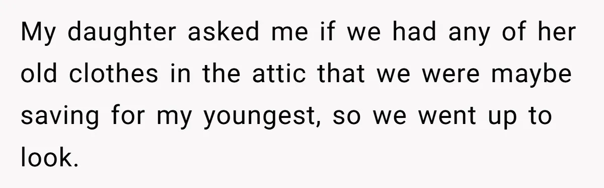 My daughter asked me if we had any of her old clothes in the attic that we were maybe saving for my youngest, so we went up to look.