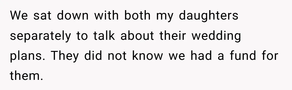 We sat down with both my daughters separately to talk about their wedding plans. They did not know we had a fund for them.