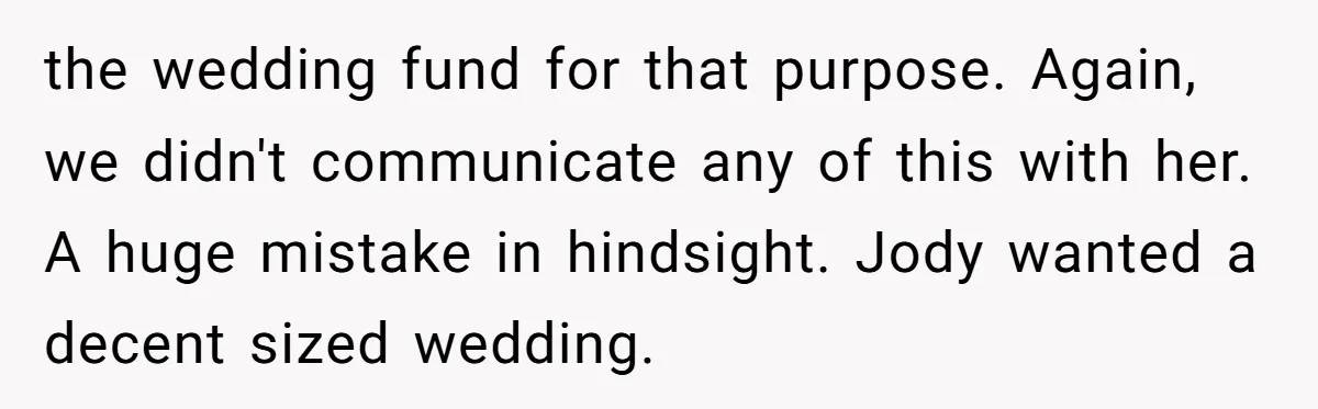 the wedding fund for that purpose. Again, we didn't communicate any of this with her. A huge mistake in hindsight. Jody wanted a decent sized wedding.