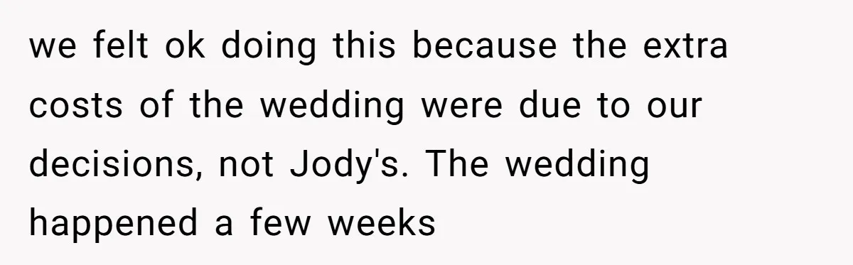 we felt ok doing this because the extra costs of the wedding were due to our decisions, not Jody's. The wedding happened a few weeks