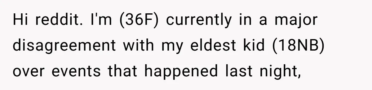 Hi reddit. I'm (36F) currently in a major disagreement with my eldest kid (18NB) over events that happened last night,