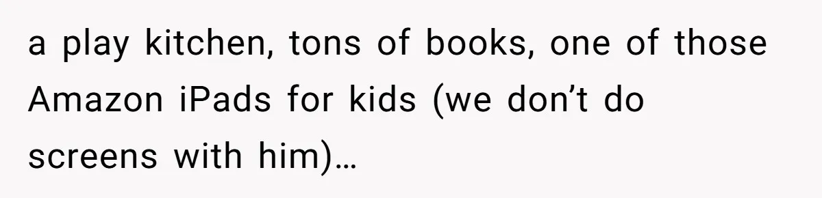 a play kitchen, tons of books, one of those Amazon iPads for kids (we don’t do screens with him)…