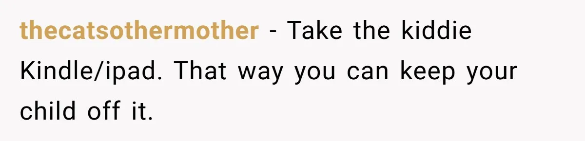 thecatsothermother − Take the kiddie Kindle/ipad. That way you can keep your child off it.