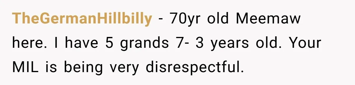 TheGermanHillbilly − 70yr old Meemaw here. I have 5 grands 7- 3 years old. Your MIL is being very disrespectful.