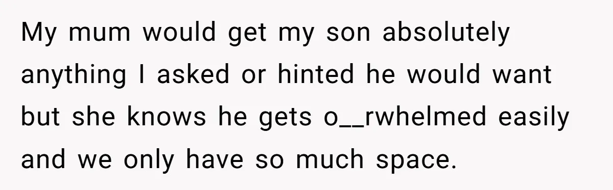My mum would get my son absolutely anything I asked or hinted he would want but she knows he gets o__rwhelmed easily and we only have so much space.