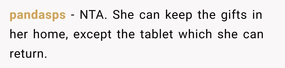 pandasps − NTA. She can keep the gifts in her home, except the tablet which she can return.