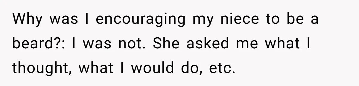 Why was I encouraging my niece to be a beard?: I was not. She asked me what I thought, what I would do, etc.